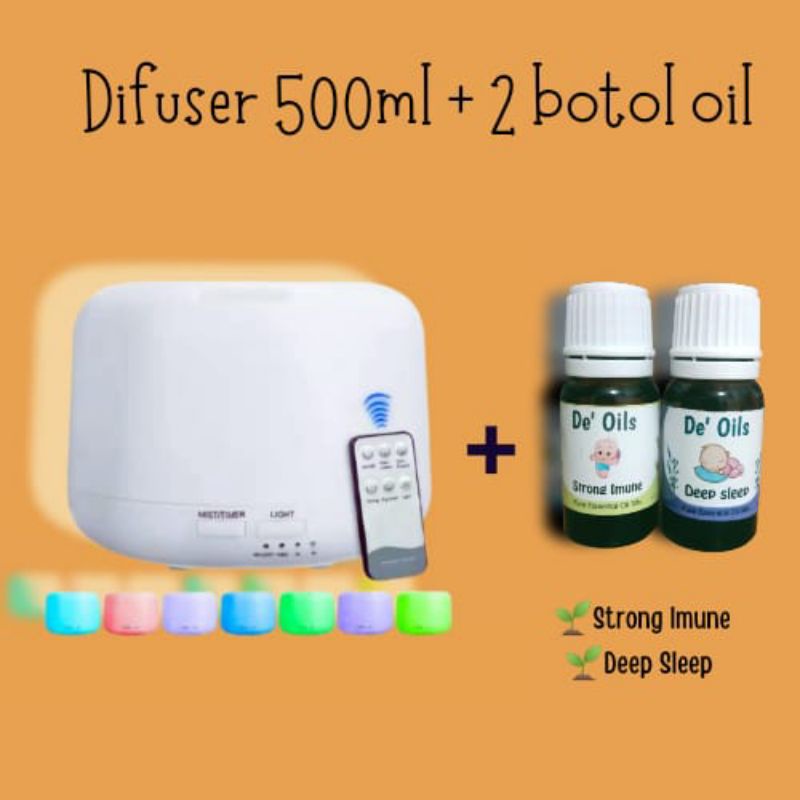 De'Oils Paket Difuser 500ml + De'Oils Essential Oil Murni Berkualitas Imune Booster Aromateraphy