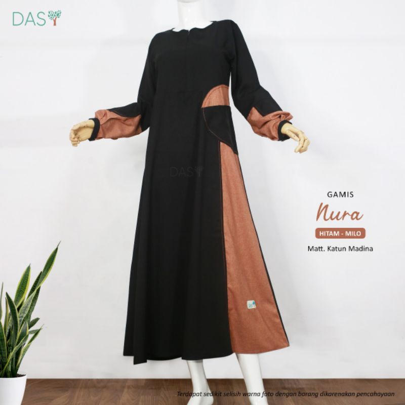 Gamis Hitam Syari Busui resleting depan DAS bahan katun madina Nura by Dasmuslim