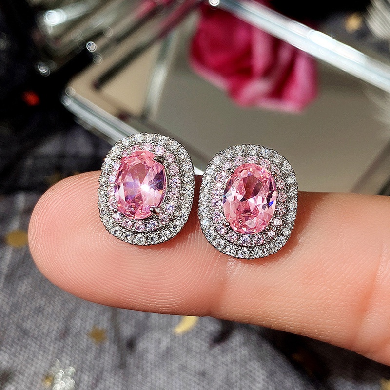 Fancyqube Anting Stud Cubic Zirconia Warna Pink Untuk Wanita