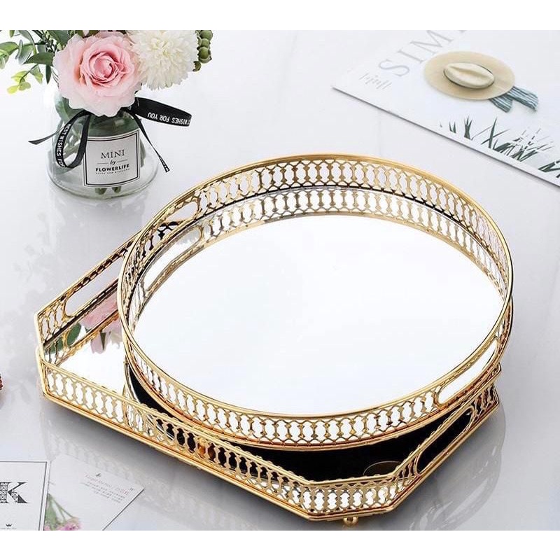 Luxury Gold Mirror Tray Baki Nampan Kaca Bulat Persegi Gold Emas Mewah Nampan Gold Nampan Kaca Gold 