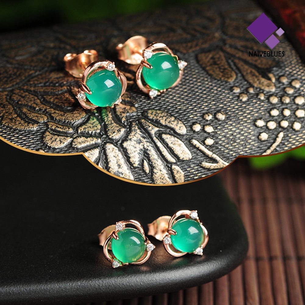 Anting Stud Desain Bunga Giok Tiruan Untuk Wanita