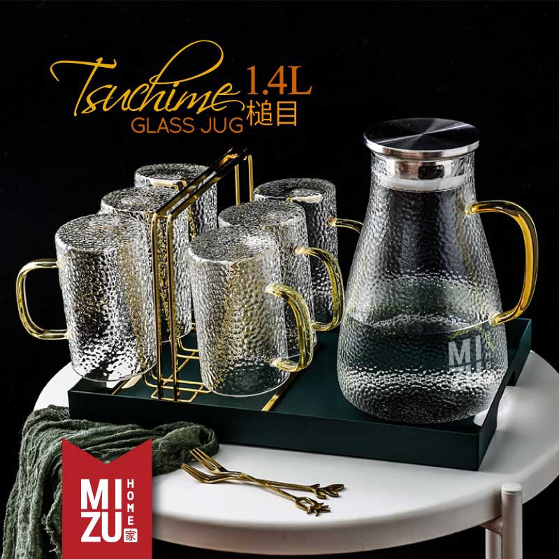 MIZU TSUCHIME 1.4L Glass Jug Hammered Finish Teko Kaca Borosilikat Jepang Teko Air Teh Infused Water-2