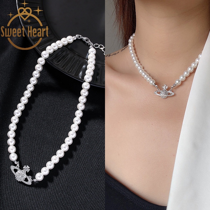 Kalung Rantai Dengan Liontin Planet Saturnus Aksen Mutiaraberlian Imitasi Untuk Wanita