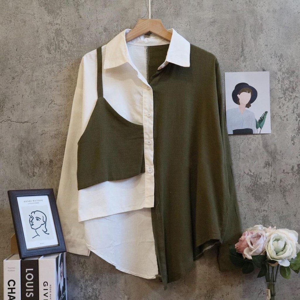 Tq88indonesia Fashion Blus Wanita Kombinasi Lengan Panjang Terbaru  / Lucky Blouse / Ootd / Baju Santai Cewek