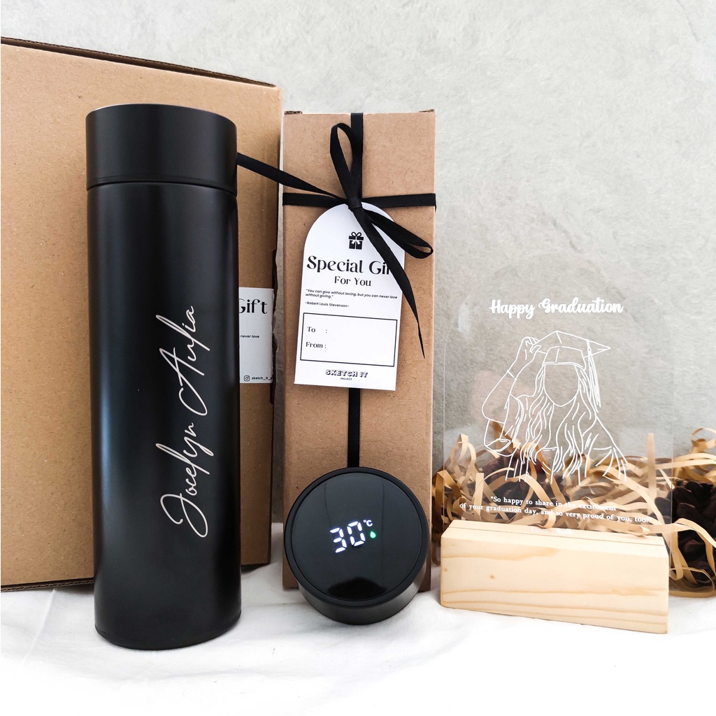 Paket Hampers isi Tumbler LED dan Akrilik Custom Line Art size A6 + Stand Kayu LED Hadiah Gift Kado Ultah Ulang Tahun Wisuda Cewek Cowok Pria Wanita