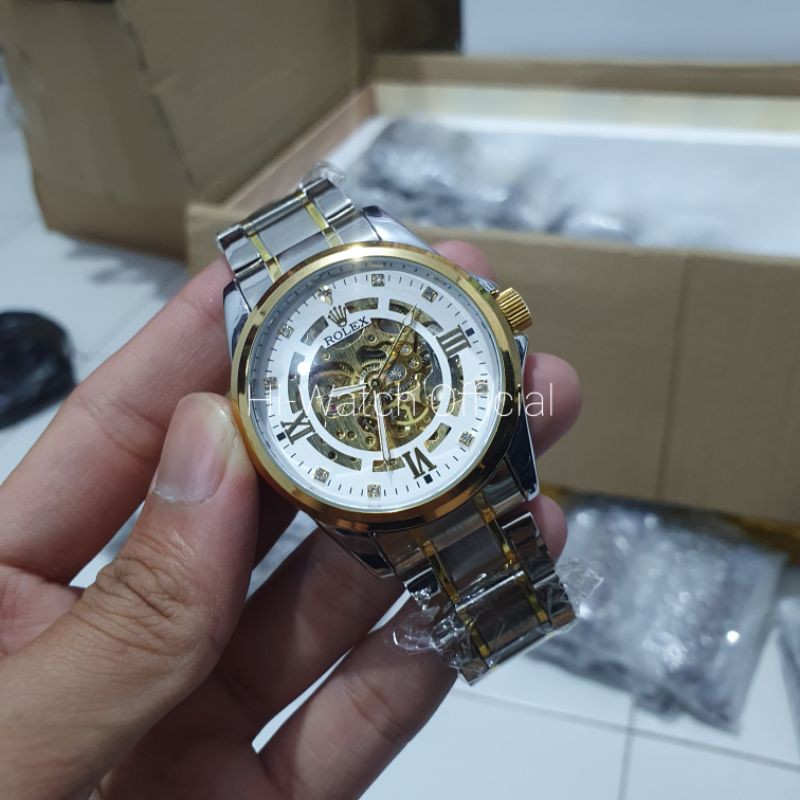 Jam Tangan Pria / Cowok Rolex Automatic Stainless Steel Tahan Air Anti Karat