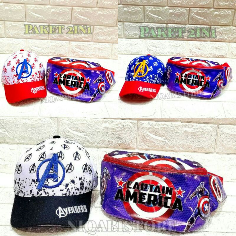 paket 2in1 topi anak tas selempang anak topi anak bordir full print avenger