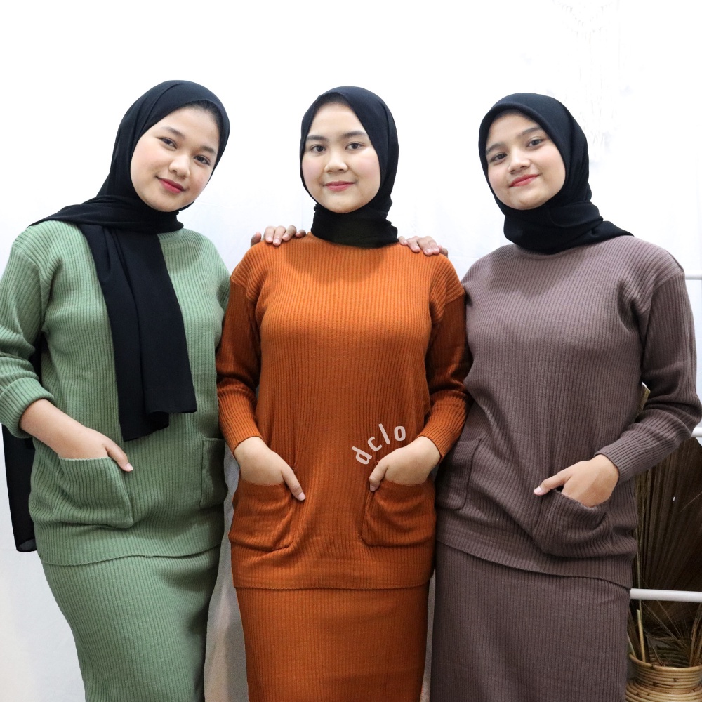 Pocky One Set + Rok 2 In 1 Setelan Rajut Wanita Muslim Atasan Boxy Terbaru / Rajut Premium Fit to XL