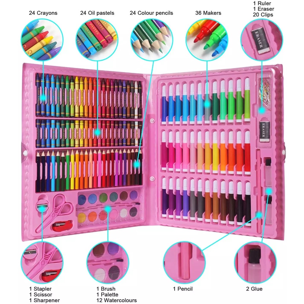 Art set Crayon Anak Pengasah 208pcs DAN 150pcs Set Alat Menggambar Melukis anak