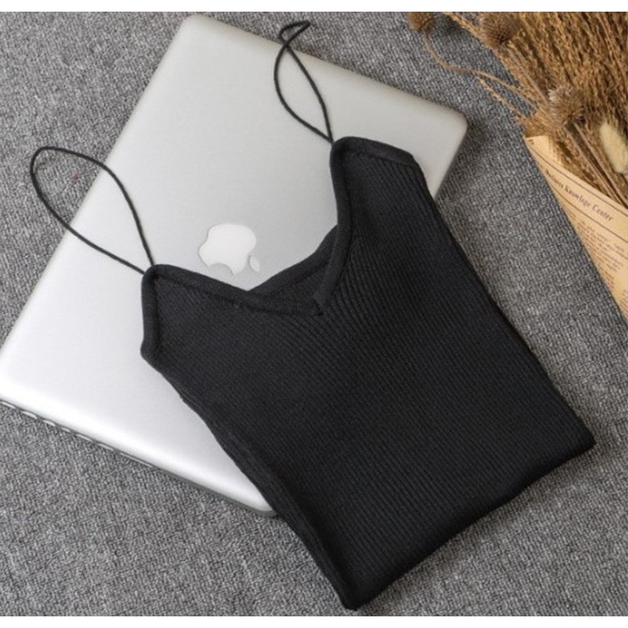 A01 Tanktop korea jepang tank top tali spaghetti V neck rajut lembut pakaian inner atasan wanita-Hitam