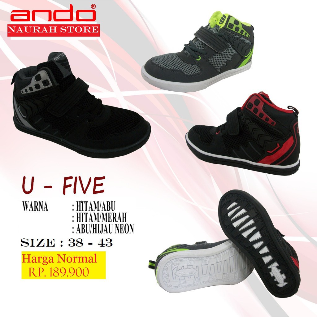 PROMO  ANDO U FIVE MEN GENERATION ORIGINAL Sepatu Boot Grade Import Hitam Merah Abu Hijau Neon Best