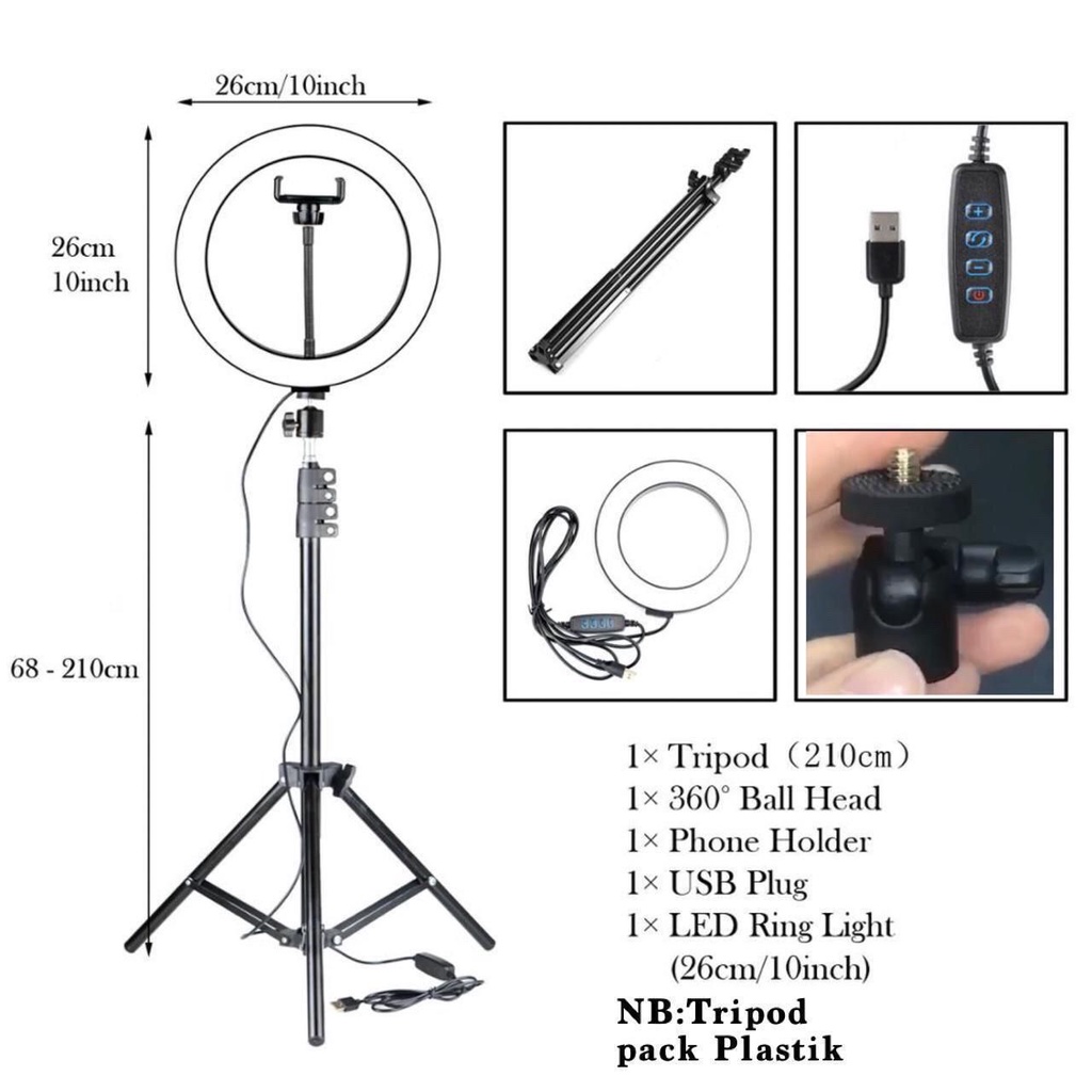 Paket Lengkap Ring Light +Tripod 2.1m Tripod HP RingLight Stand phone holder RGB ring light 26cm/33cm