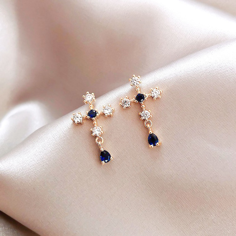 Anting Tusuk Gantung Desain Salib Hias Kristal/Berlian Imitasi Gaya Barok Untuk Wanita