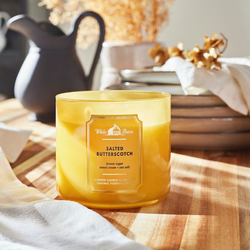 BATH &amp; BODY WORKS BBW SALTED BUTTERSCOTCH 3 WICK CANDLE 411 G LILIN 3 SUMBU PENGAHRUM RUANGAN