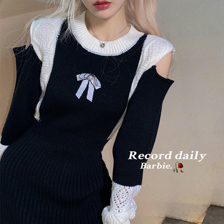 Gaun Gaya Korea MICAILIN Angin Lembut Rajutan Gaun Wanita Retro Off-The-Shoulder Lengan Panjang Rok