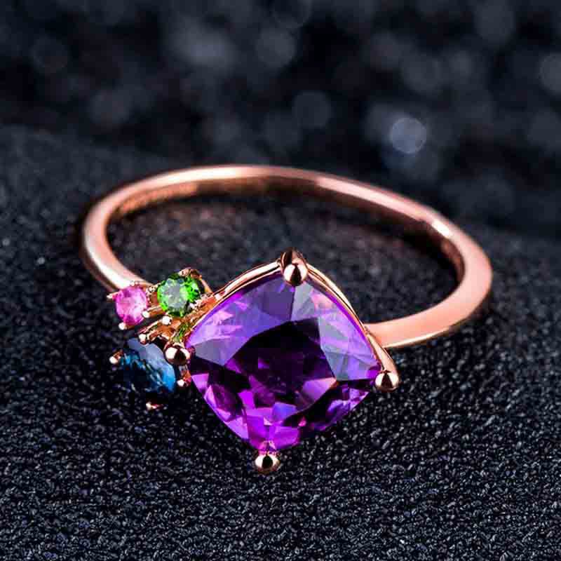 Cincin Perak 925 Wanita Ungu Berlian Mawar Emas