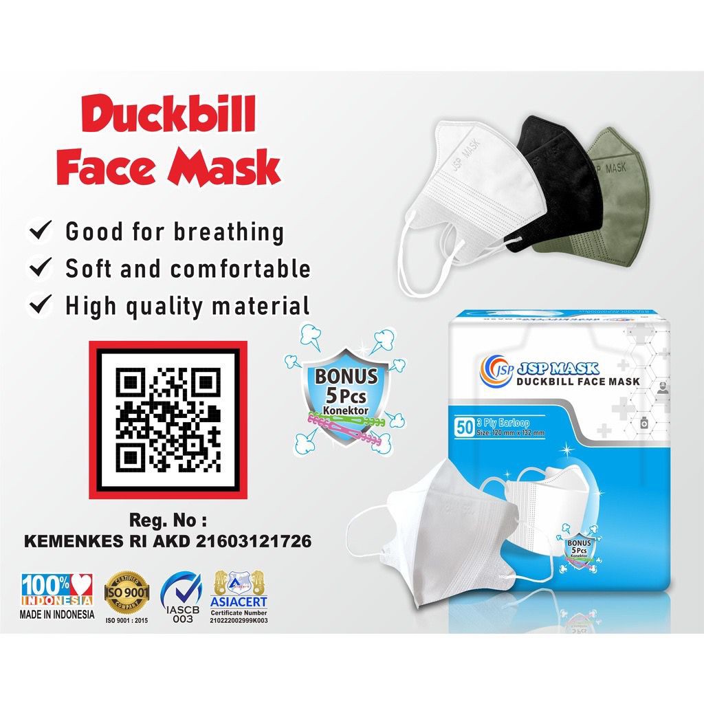 MASKER DUCKBILL JSP MASK BOX ISI 50 ORIGINAL EARLOOP KONEKTOR