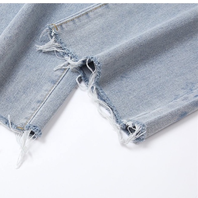 Biru Rawis--Korean New Robek Highwaist Straight Loose Celana Jeans Panjang Wanita（realpict）