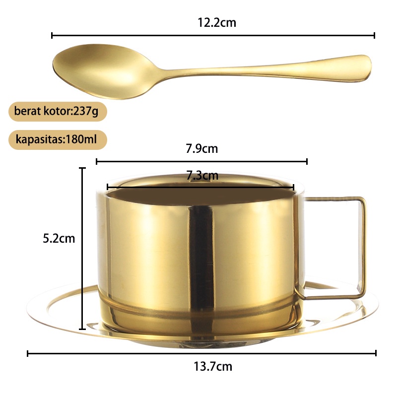 Cangkir Kopi 1 Set(cangkir + tatakan gelas + sendok) 180ml Material Stainless Steel 304 Double Wall Anti Panas/Espresso Cappuccino Teh Cangkir Piring Dan Sendok Teh