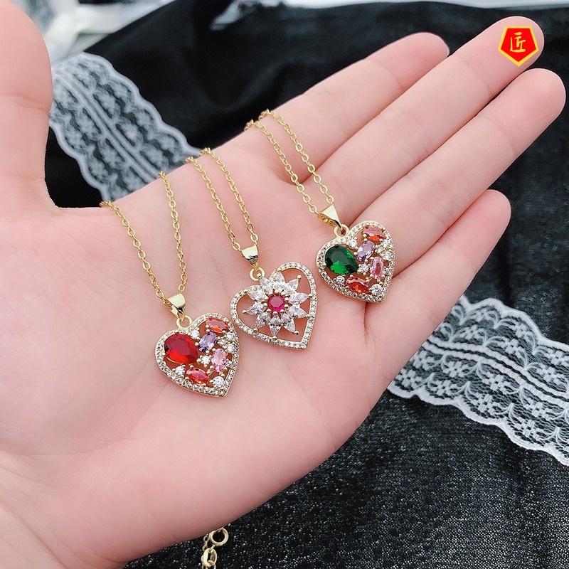 [Ready Stock]Colored Gems Necklace 18K Gold Heart-Shaped Pendant Fashion Temperament