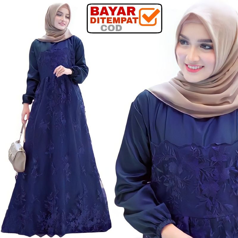 Size L XL XXL / Gamis Muslim Farasya / Maxi Brukat Selma Tulle Premium Jumbo Murah Brokat Navy Marun-Navy