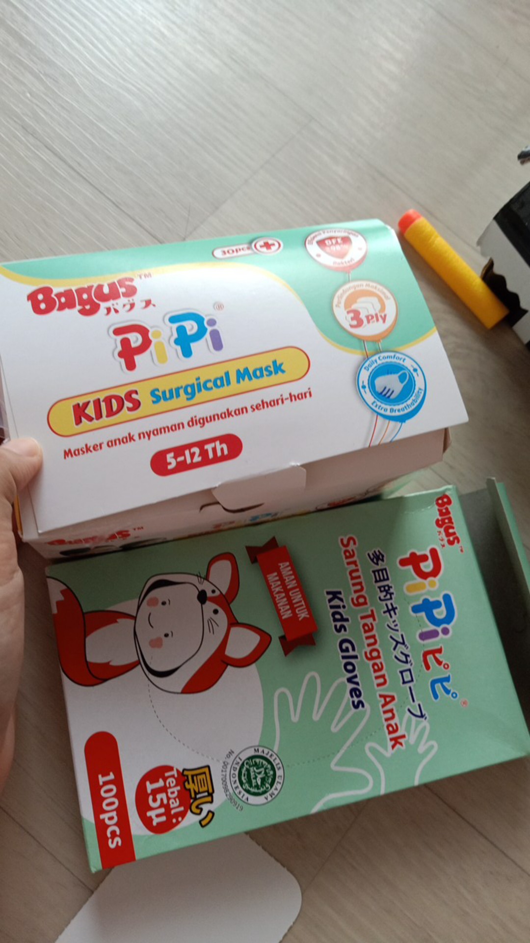 Bagus Pipi Sarung Tangan Plastik & Surgical Masker Anak Bundle -15 Mikron