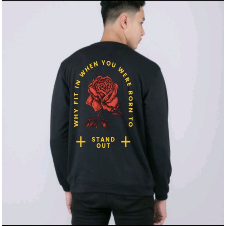 sweater crewneck CN flower stand out basic black motif simple pria dan wanita best seller