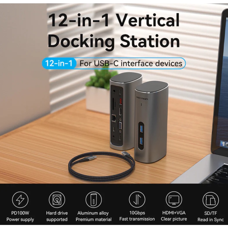 Vention Multiport Vertical Docking Usb Type C 3.1 HDMI VGA PD RJ45 LAN