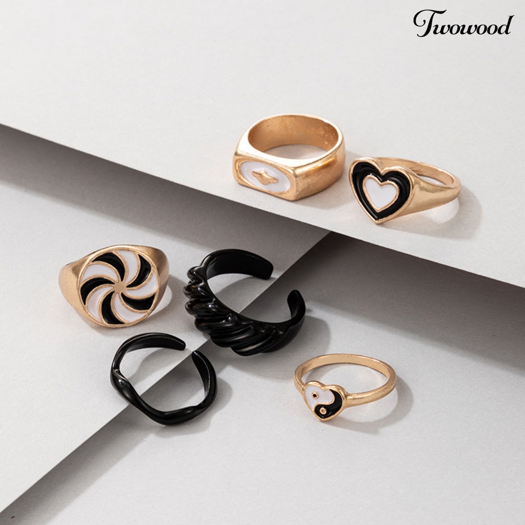 6pcs / Set Cincin Jari Model Terbuka Dapat Ditumpuk Bentuk Hati Kincir Angin Untuk Unisex