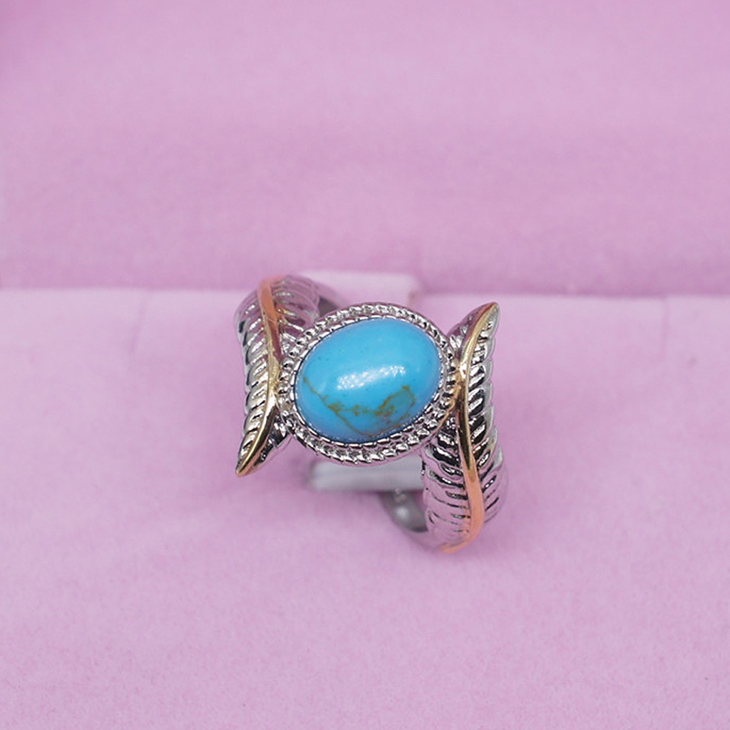 Hu Hu Hu Hu Hu Alat Bantu Pasang Kacamata♡ Cincin Vintage Bentuk Bulu Bahan Alloy Hias Batu Turquoise Untuk Pasanganpriawanita