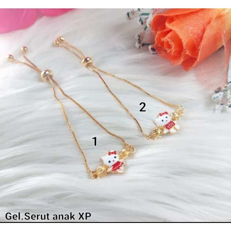 R30 GELANG TANGAN SERUT ANAK HELLO KITTY MERAH LAPIS EMAS 24K