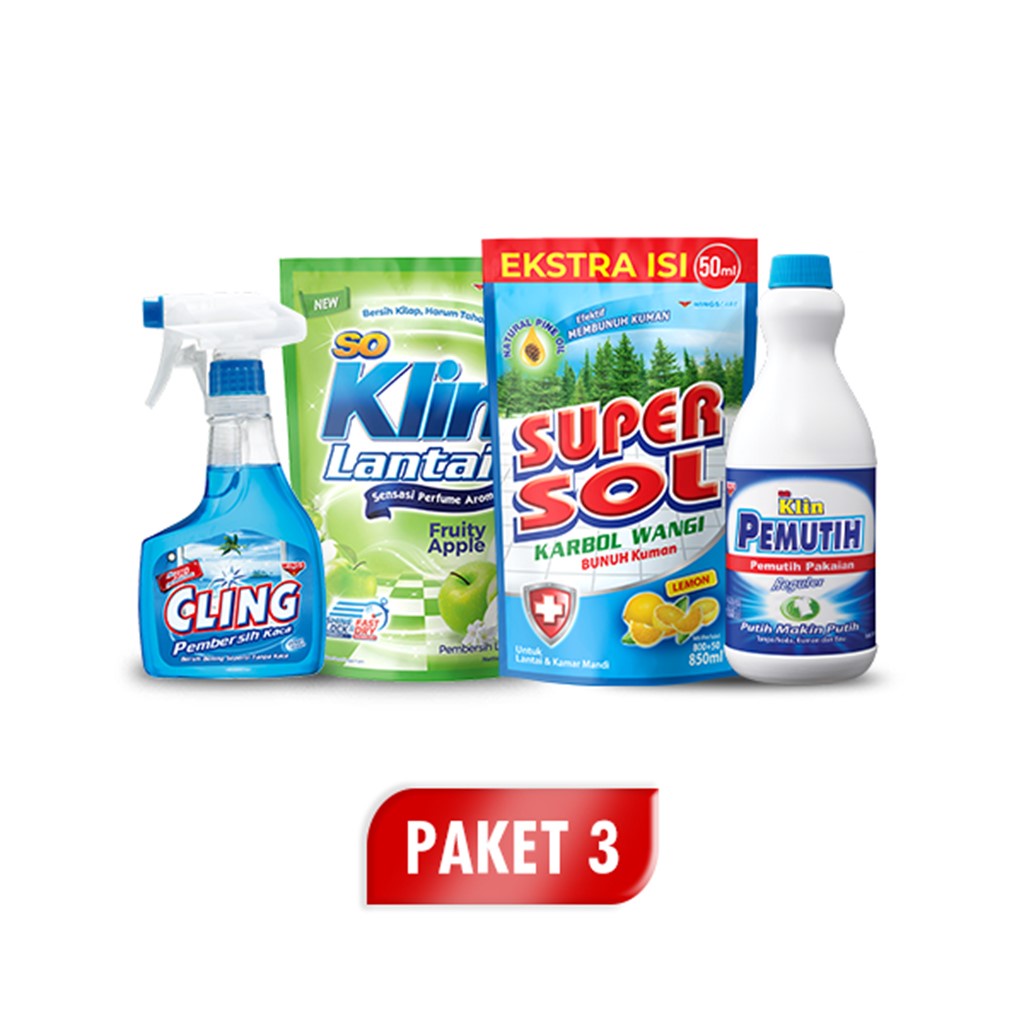 Cling Biru Botol + Supersol Pouch + So Klin Pemutih Botol + So Klin Lantai Hijau Muda