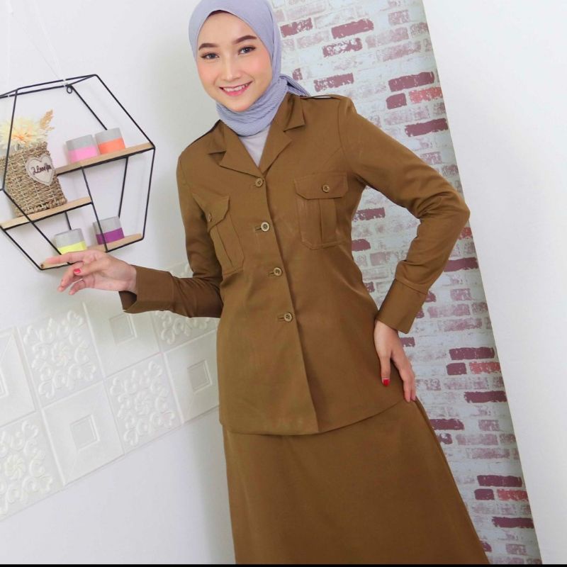 BAJU PEMDA SERAGAM DINAS PEMDA BAJU PNS DAN ASN FREE HIJAB  WARNA KHAKY COKLAT KANTONG ATAS ROK A