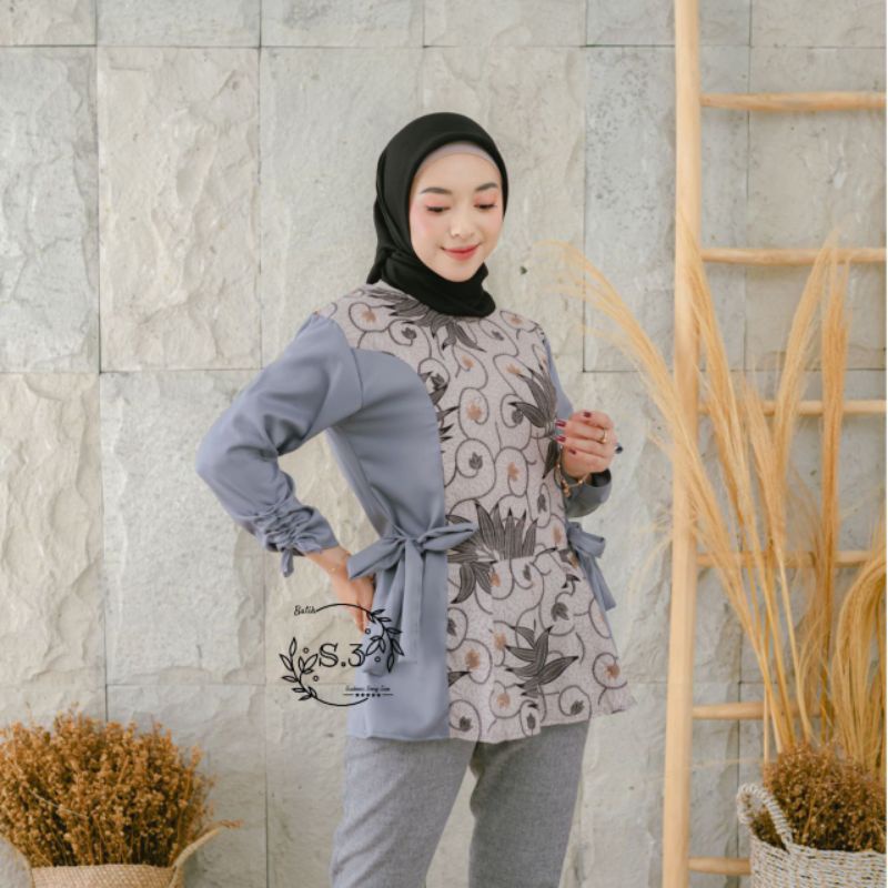 Atasan Batik Wanita Modern / Blouse Batik Kombinasi Mosscrepe Size M, L, XL ( ORIGINAL )