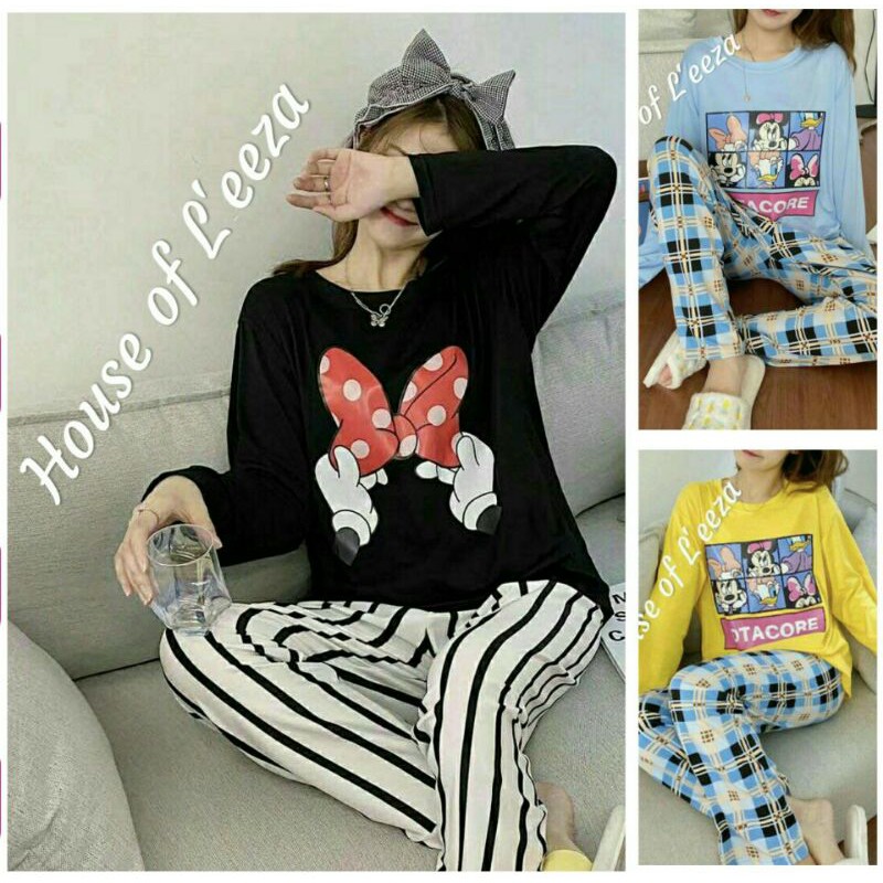 Piyama PP MICKEY Mouse print/Piyama Oversize Bahan Kaos Lengan Panjang Baju Tidur Wanita