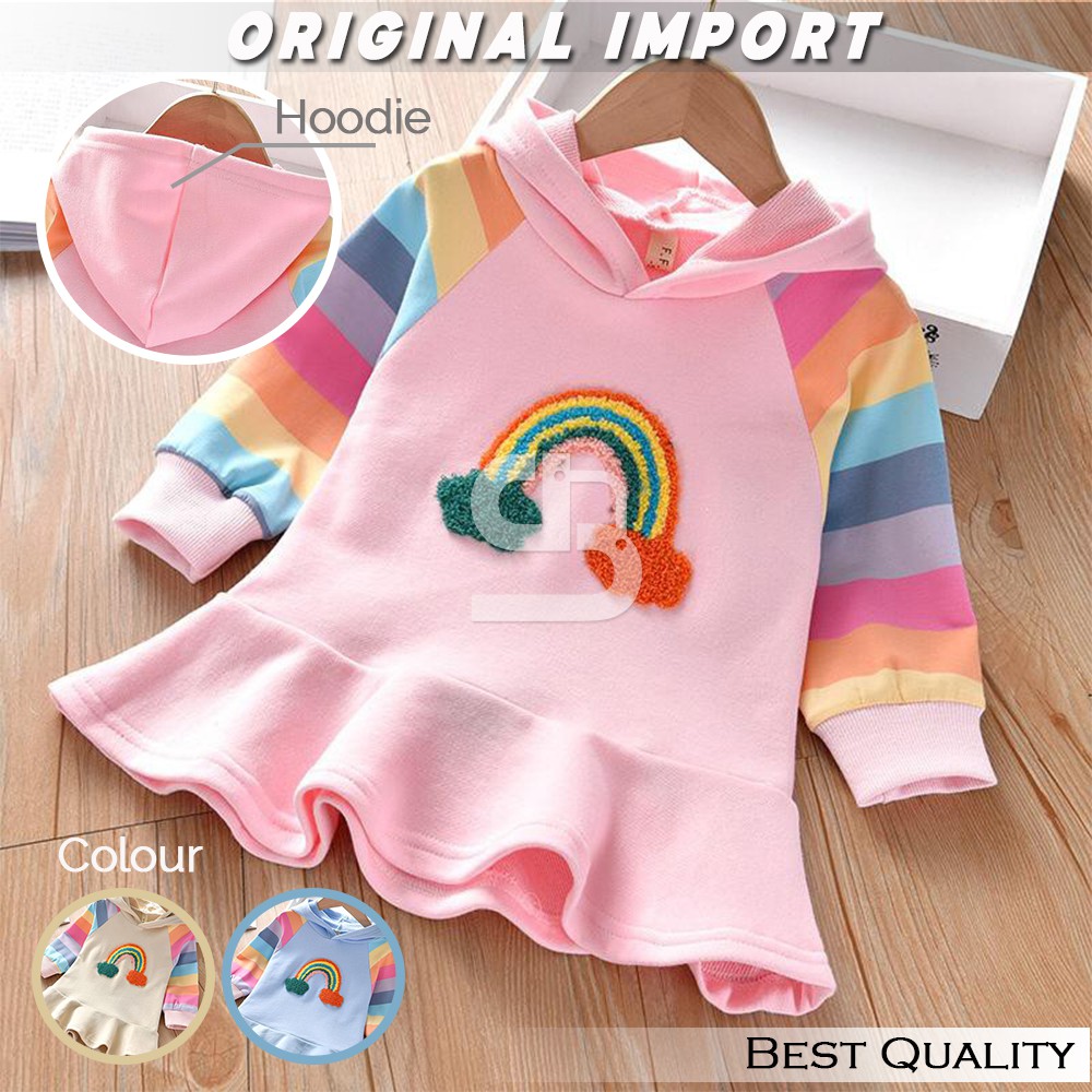 Baju Anak Perempuan Import Hoodie Mini Dres Anak Perempuan Rainbow Warna Cream Biru Pink Lucu