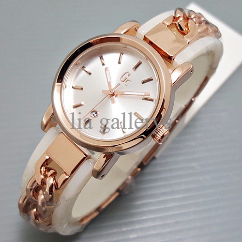 Jam Tangan Wanita / Cewek GC Bulat Rantai Rose Kombi Ceramic White