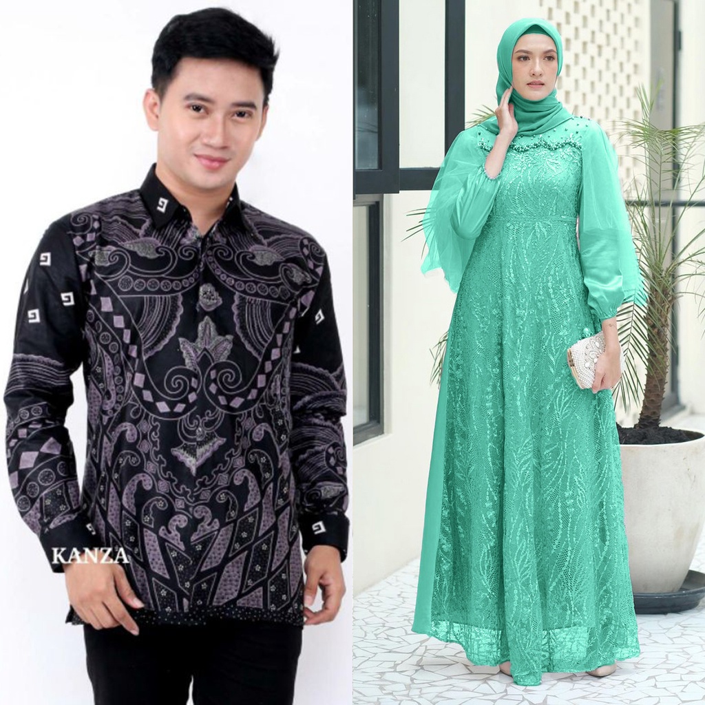 PRODUK TERBARU - Baju Batik Couple Gamis Brukat Modern | Couple Batik Gamis Tunagan | Baju Batik Gamis Brukat Couple Family | Baju Batik Couple Keluarga | Outfit Kondangan Kekinian | Seragam Dress Pesta Brokat Modern