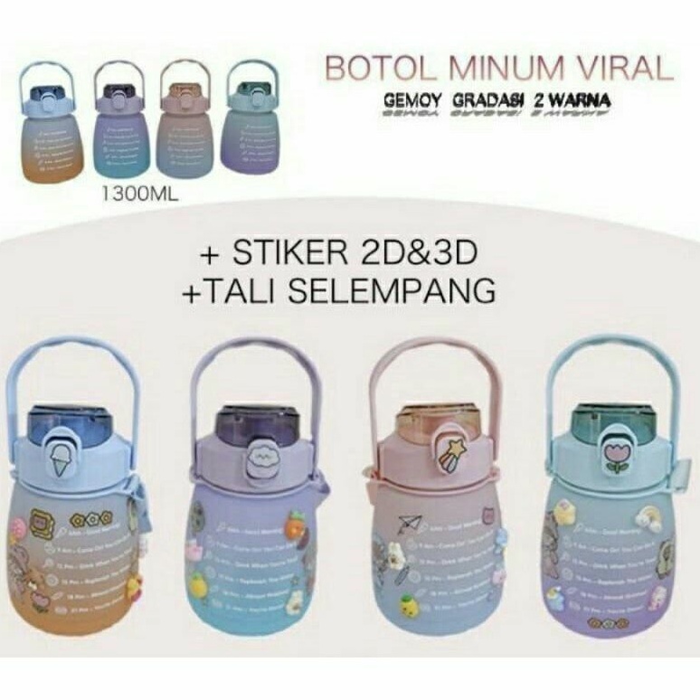 Botol Viral Air Minum Gradasi 2Warna 1,3Liter + Sticker