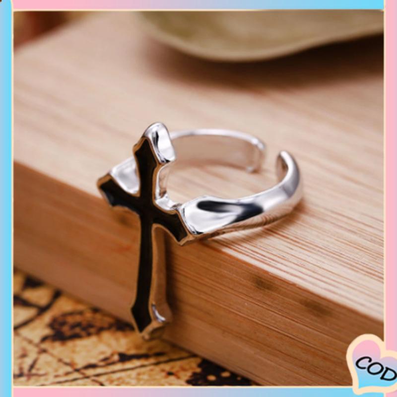 COD❤️ Retro Fashion Cross Cincin Pria Wanita Minyak Menetes Punk Jari Telunjuk Tren Cincin Hitam-A.one