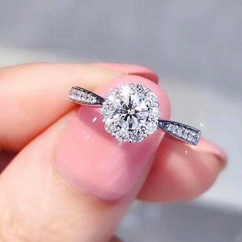 Cincin Desain Bunga Bahan Cubic Zirconia Warna Silver Untuk Wanita