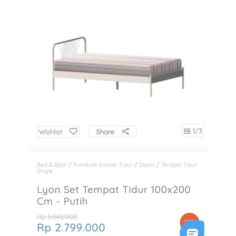 TEMPAT TIDUR LYON METAL PUTIH 100 x 200 cm