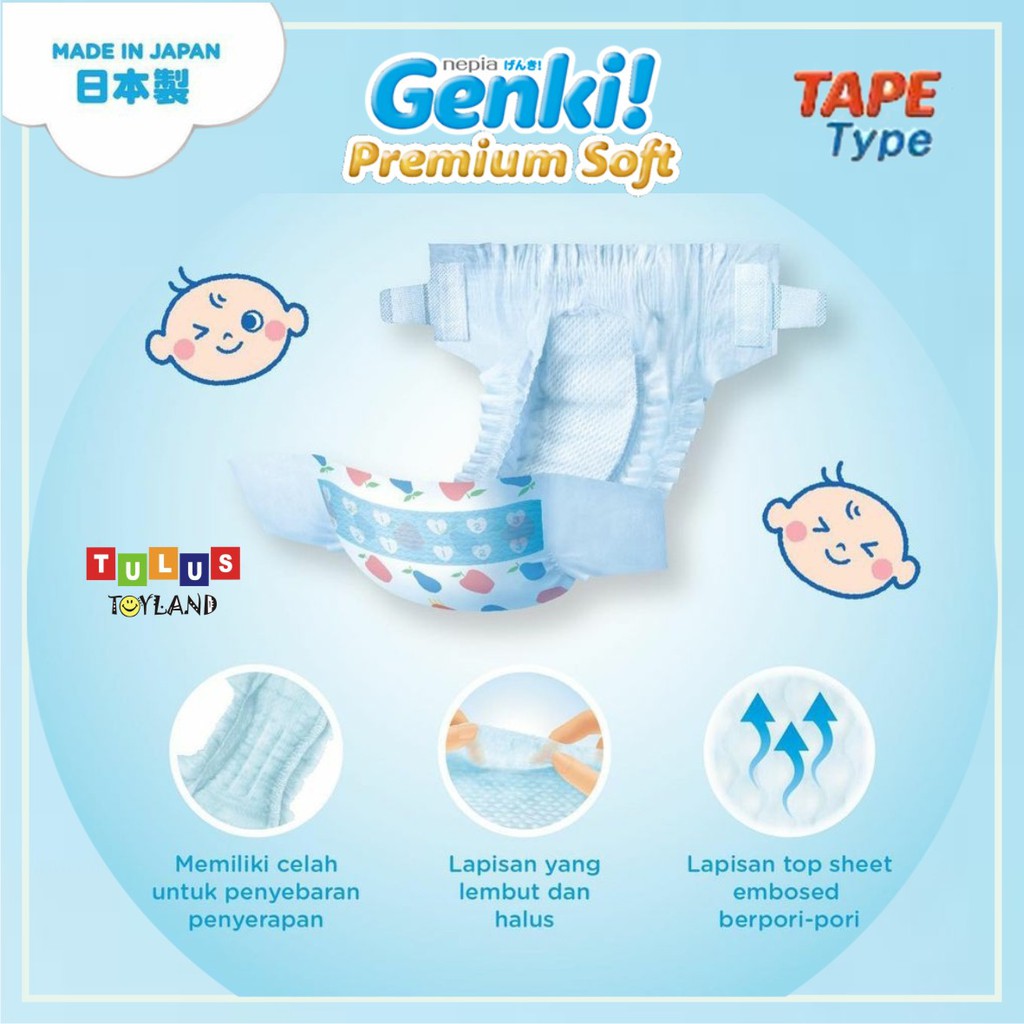 Nepia Genki TAPE Premium Soft size S 72 / M 64 / L 54 / XL 44 Diapers Popok Anak Bayi