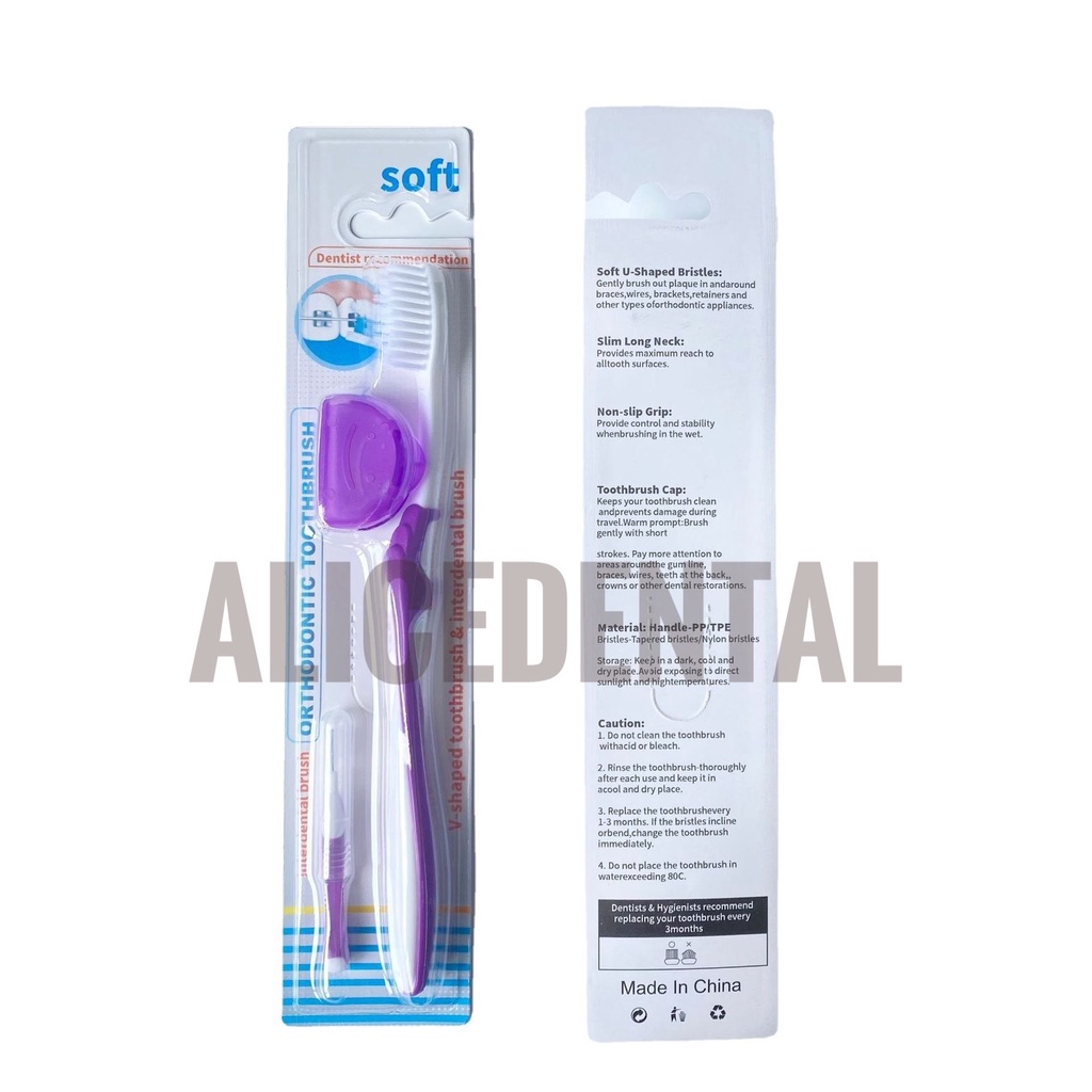 Sikat gigi ortho behel dengan tutup BONUS INTERDENTAL BRUSH SOFT bulu lembut V trim behel dr smith orthodontic toothbrush tooth brush tengah cekung pendek dr smile