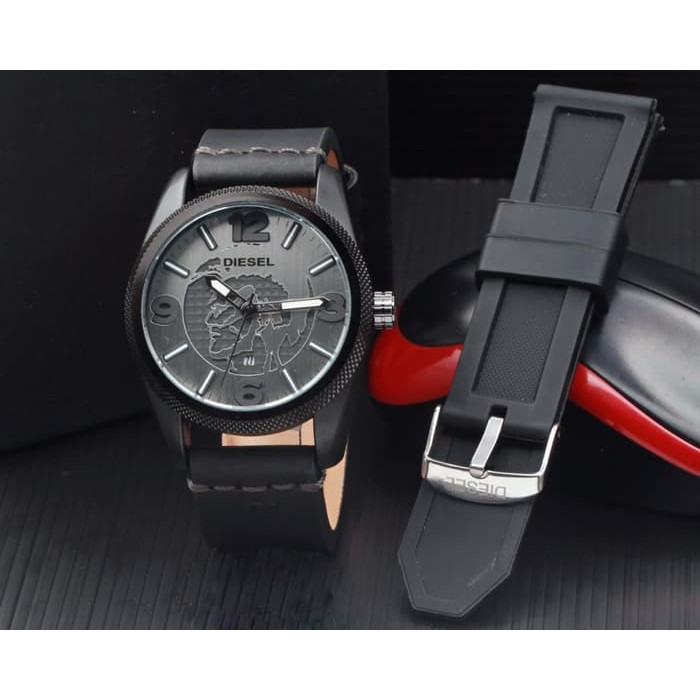 Jam Tangan Pria / Cowok Diesel Paket Leather Full Black