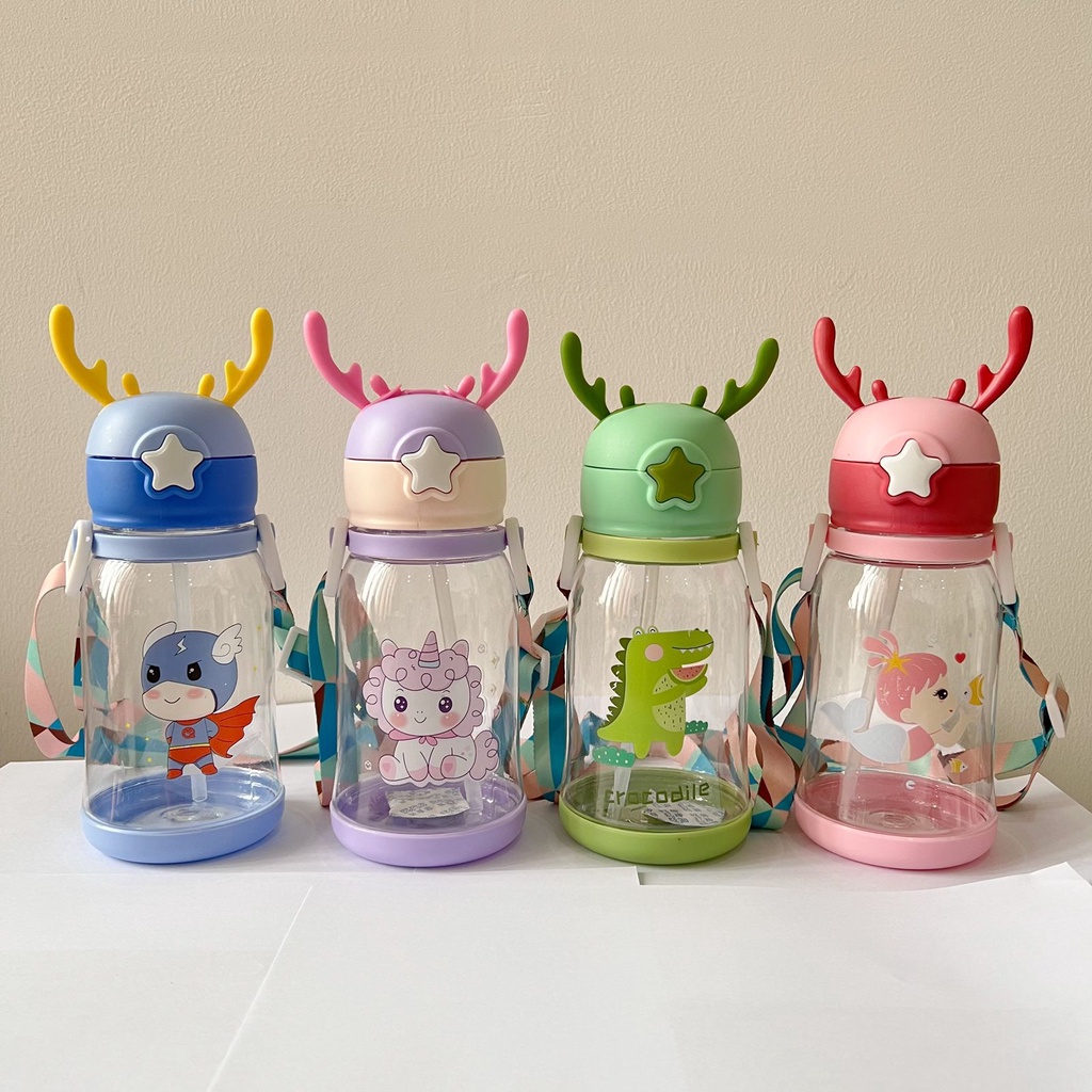 BOTOL JERAMI ANAK/botol Kartun 350/450 ML/Botol Minum Anak/Karakter rabbit Bear Tutup Clip/ import