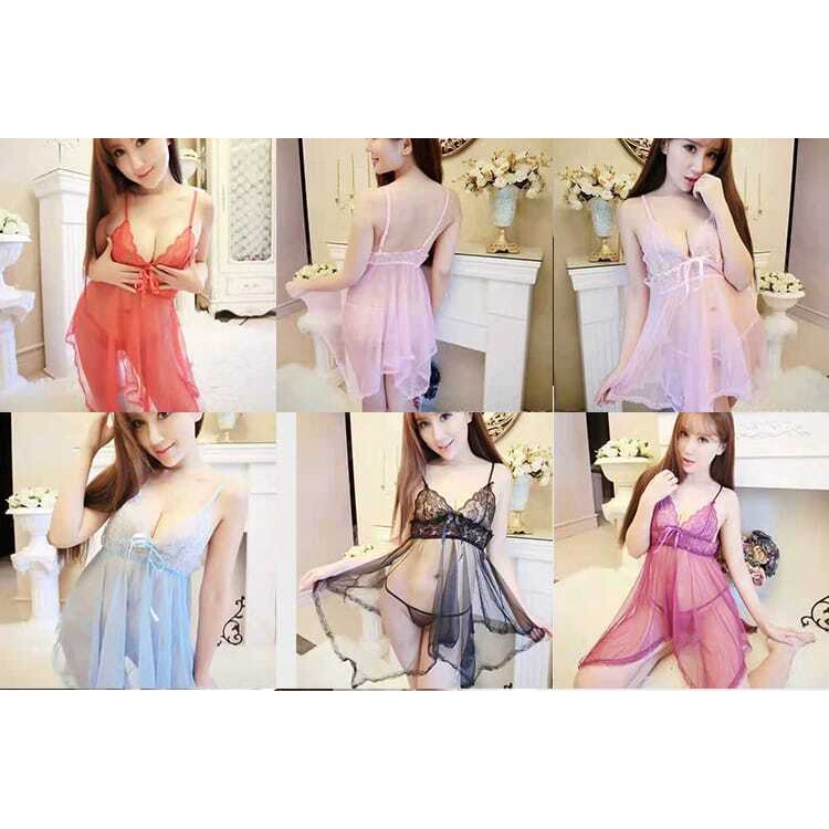 Long Night Set Lingerie Wanita Bahan Lace Tipis Kerah Deep-V Neck- 2 Pcs Baju Sexy Seri 003