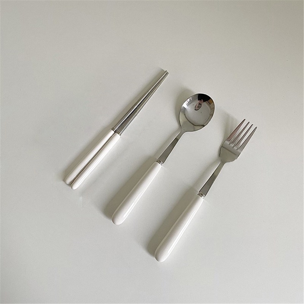 1pc Peralatan Makan Sendok Garpu Sumpit Bahan Keramik Stainless Steel Warna Putih