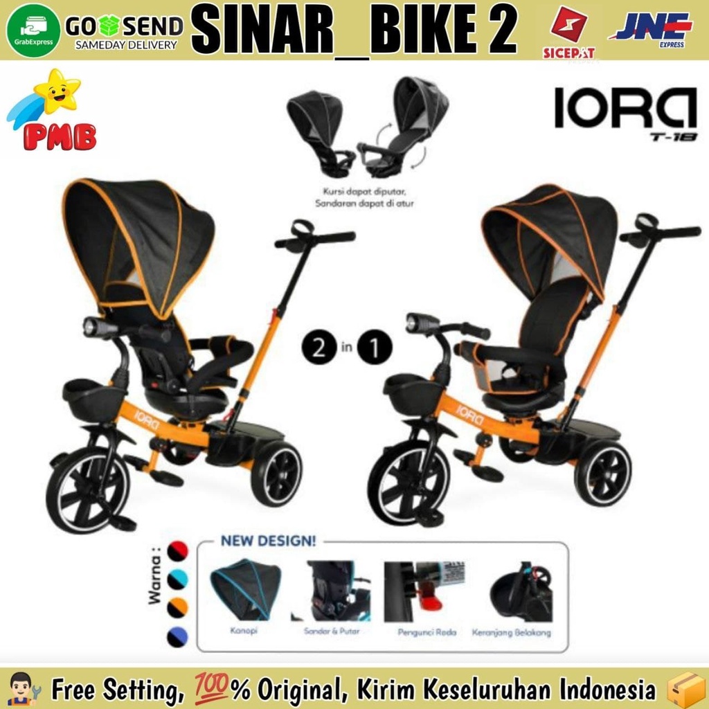 Sepeda Anak Roda Tiga Tricycle Pmb Iora T-18 Model Stroller Bisa Rebahan