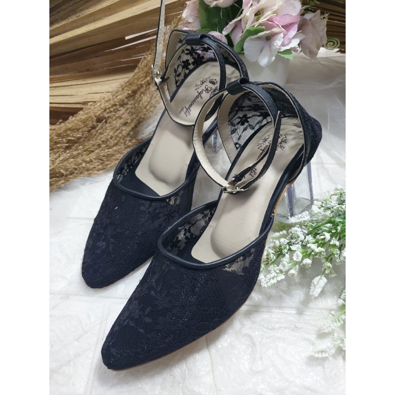 sepatu nataly hitam tali jaring 7cm kaca